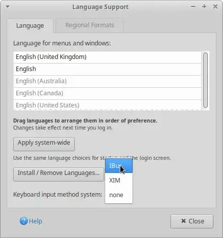 Screenshot of the Language Support window with the "Keyboard input method system" menu activated