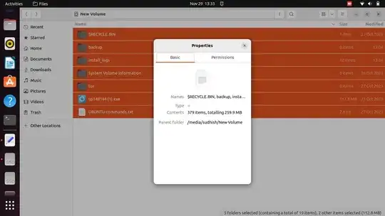 The properties of the contents of the partition shows only 259 MB size 