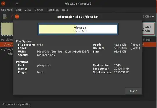 screenshot of GParted showing /dev/sda1 with an ext4 filesystem mounted on /