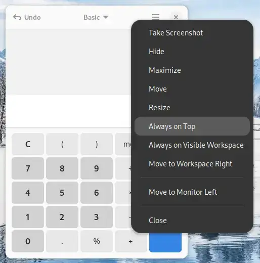 screenshot displaying the Always on Top option