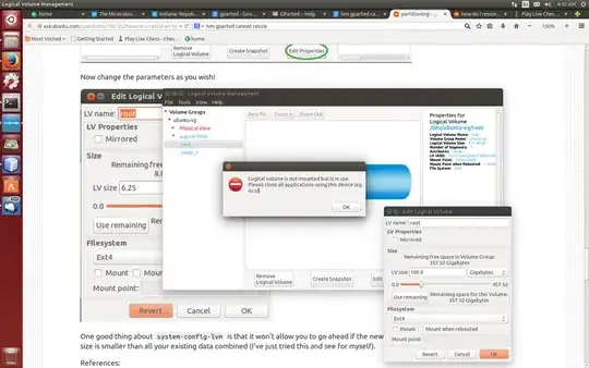 Screenshot of LVM management dialog with popup error