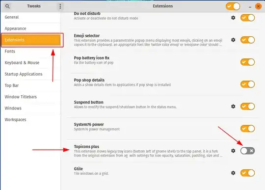 Screenshot of gnome-shell application showing disabled topicons plus extension