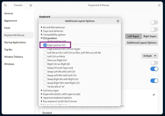 Additional Layout Options window with Caps Lock as Ctrl highlighted