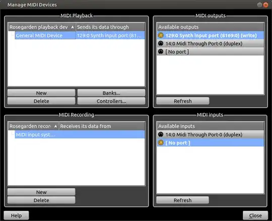 RoseGarden Manage Midi Devices window screenshot