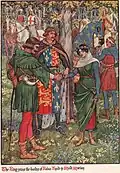 Der König hält die Hände von Robin und Maid Marian zusammen.