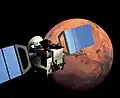 Die Raumsonde Mars Express umkreist den Planeten Mars als künstlicher Satellit.