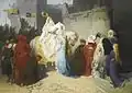 Ein Gemälde, auf dem Merlin den Leuten den künftigen König Arthur zeigt.