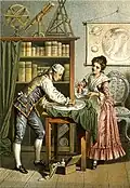 Wilhelm Herschel mit seiner Frau Caroline. Sie arbeiten gerade an einer Linse für ein Teleskop.