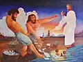 Dieses Gemälde aus Mexico zeigt, wie Jesus den Petrus zum Menschenfischer machen will.
