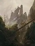 Ein Gemälde von Caspar David Friedrich: „Felsenlandschaft im Elbsandsteingebirge“.