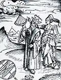 Ein Holzschnitt aus der Renaissance. Neben Ptolemäus steht eine Frau als Sinnbild der Astronomie.