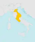Die Päpste regierten bis vor etwa 150 Jahren ganz Mittel-Italien, hier in orange.