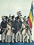 Rumänen in der Revolution des Jahres 1848. Diese Flagge hat Rumänien auch heute.