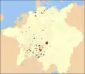 Diese Landkarte zeigt das Heilige Römische Reich im Jahr 1648. Rot eingezeichnet sind die Reichsstädte.