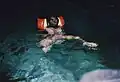 Ein Kind schwimmt mit Schwimmflügeln.