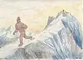 Hier hat jemand gezeichnet, wie ein Yeti vor Menschen flieht.