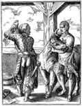 Der Schlachter und sein Gehilfe, ein Holzstich von vor etwa 500 Jahren.