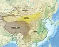 Eine Landkarte mit der Wüste Gobi und dem Himalaya.