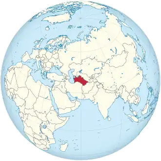 Turkmenistan on the globe (Turkmenistan centered).svg