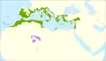 In den grün eingezeichneten Gebieten rund um das Mittelmeer wachsen Ölbäume.