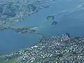 Vorne links die Insel Hurden, weiter hinten die Inseln Ufenau und Lützelau im Zürichsee