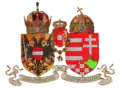 Die Kronen und Wappenzeichen der beiden Hälften: Österreich und Ungarn