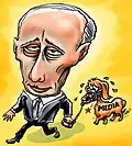 Eine Karikatur über den russischen Präsidenten Putin. Sie besagt, dass der Präsident die Medien wie einen verängstigten Hund an der Leine führt.