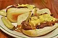 Ein Philly Cheesesteak mit Zwiebeln und Gurken