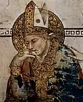 Ein Bild von Sankt Martin aus dem Mittelalter. Man sieht es in einer Kirche in Assisi, einer Stadt in Italien.