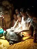 Diese Familie besucht eine heilige Schildkröte. Eine Schildkröte ist in China ein Symbol für ein langes Leben.