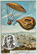 Ein Bild aus dem Jahr 1797: Es zeigt den ersten Sprung aus einem Heißluftballon.