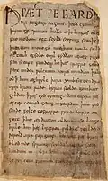 Die erste Seite der berühmten Handschrift mit der Beowulf-Geschichte.