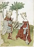 Zeichnung aus dem Mittelalter in Europa: Ein König und eine Königin spielen Schach.