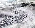 Der Sturm Victoria wütete im Februar 2020 über Europa. Hier sieht man ihn aus dem Weltraum.