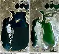 Linkes Foto: der Aralsee im Jahr 1989. Das rechte Foto zeigt ihn im Jahr 2003.