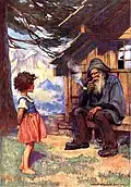Heidi und Alpöhi auf einer Zeichnung im Buch