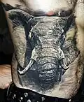 Manche Menschen lassen sich sehr große Tattoos stechen. Dieser Elefant bedeckt fast den ganzen Oberkörper.