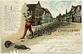 Auf dieser Postkarte um das Jahr 1900 sieht man, wie der Rattenfänger Ratten lockt.