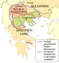 Auf dieser Karte sieht man Nordmazedonien in Rot. Grün ist das griechische Mazedonien.