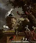 Papageien und andere Tiere auf einem alten Gemälde, vor etwa 300 Jahren