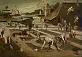 Vor 400 Jahren: Männer und Frauen arbeiten im Garten.