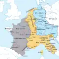 Das Frankenreich wurde im Jahr 843 geteilt. Die Karte zeigt in blau das spätere Deutschland.