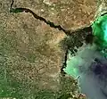 Ein Foto aus dem Weltraum auf das Delta des Flusses Wolga. Es ist das größte Delta Europas.