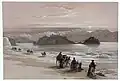 Eine Zeichnung von einer Karawane, aus dem Jahr 1839. Diese Reisenden sind in Ägypten und schauen auf den Golf von Akaba und die Pharaoneninsel.