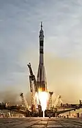Eine Rakete startet in Baikonur, dem russischen Raketen-Bahnhof in Kasachstan.
