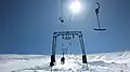 Bei Schleppliften werden die Skifahrer über den Schnee gezogen. Dies ist ein Ankerlift oder Bügellift.
