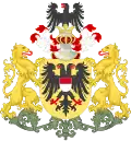 Dies ist ein Vollwappen von Lübeck. Wappenschild heißt das Teil, das die Löwen festhalten.