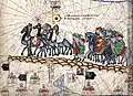 Zeichnung um das Jahr 1375: Die Polos auf einer Karawane nach Indien.