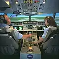 Zwei Piloten im Flugsimulator. Das ist ein Gerät, in dem man das Fliegen übt.