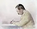 Eine Zeichnung von Doyle bei dem Schreiben